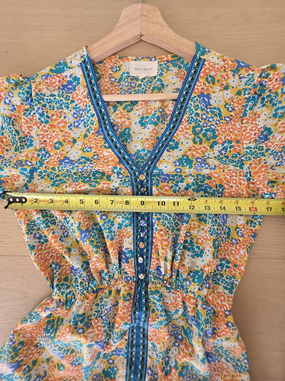 Melloday Women's Floral V-Neck Puff Sleeve Top - Yellow Multi Color Maxi Dress - Picture 6 of 14